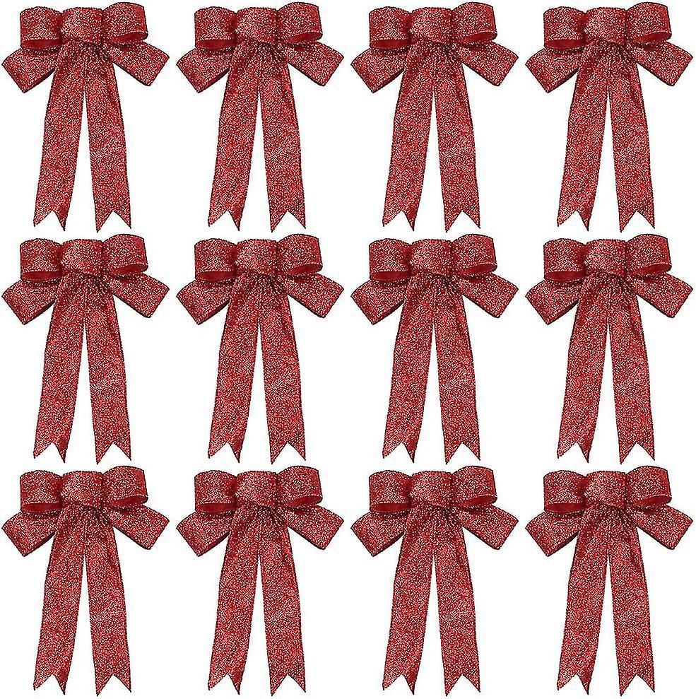 Christmas Glitter Bows,12 Pieces Red Christmas Ribbon Bows Christmas Garland Christmas Tree Bows Rib
