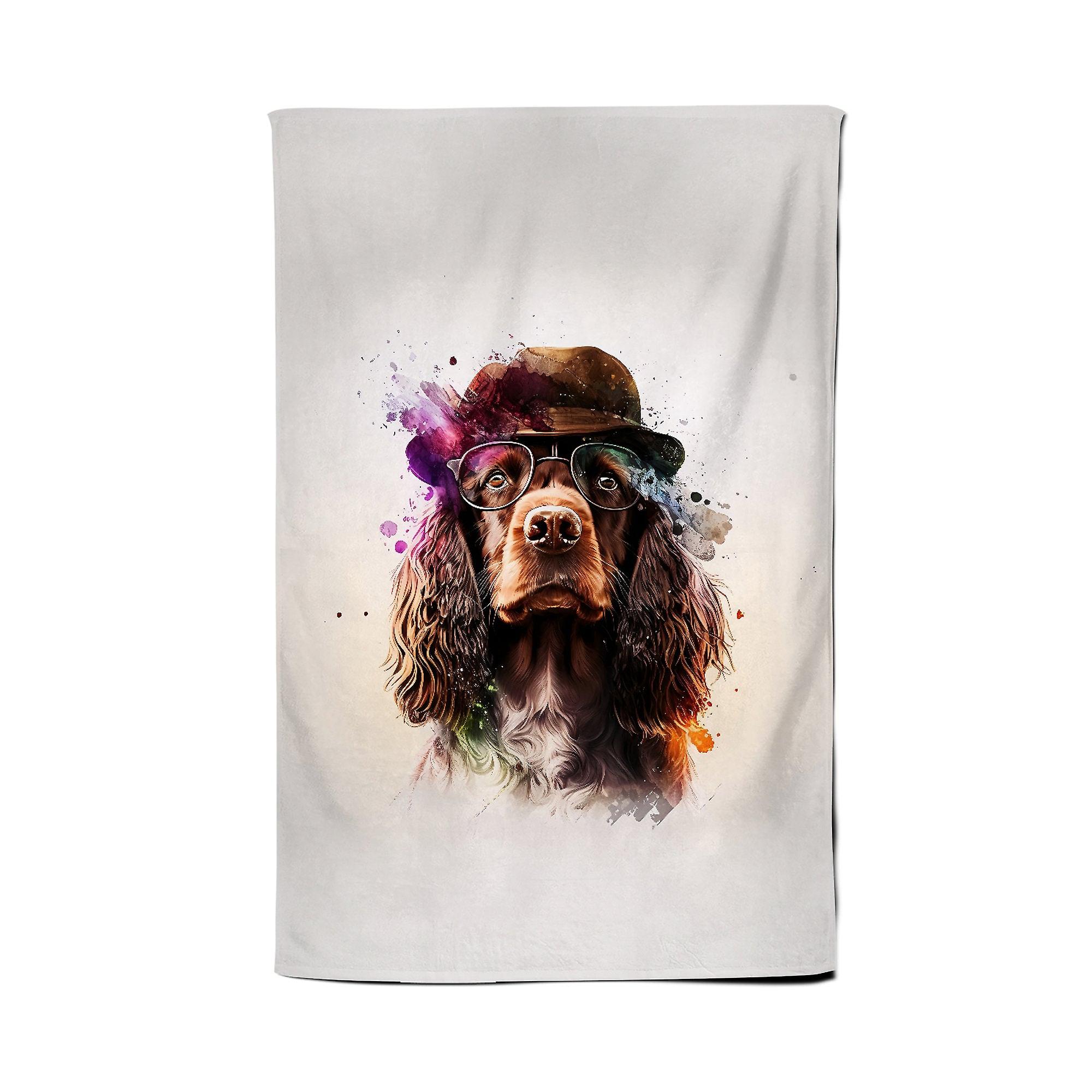 English Cocker Spaniel With Glasses Splashart Tea Towel