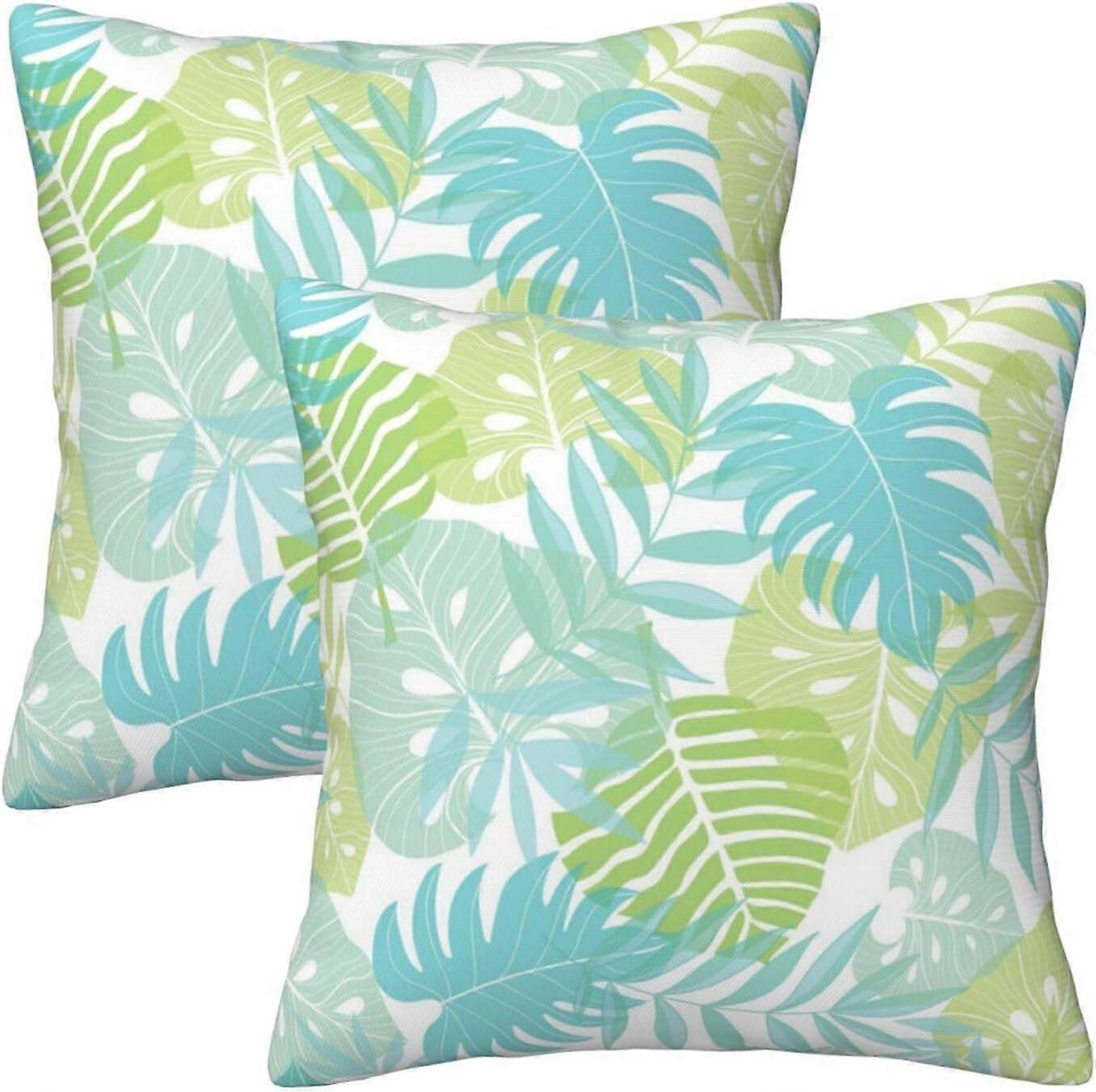 ティールグリーントロピカルリーフパームリーフ植物枕カバー18x18ソファ枕ケースホームリビング用の2つのモダンな装飾的な正方形のスロー枕のセット