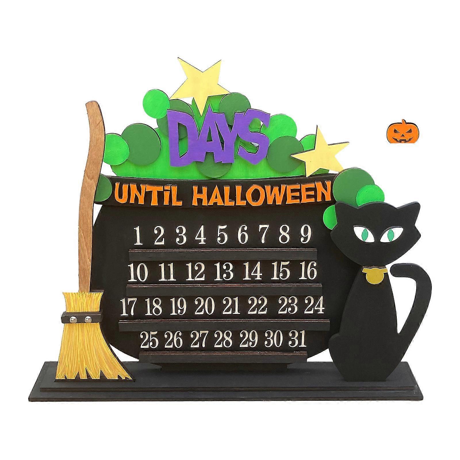 100% New Halloween Advent Countdown Calendar Diy Moving Wooden Block Calendar Advent With Black Cat, Bat, Witches Halloween Home Decor Wall Hanging Xm
