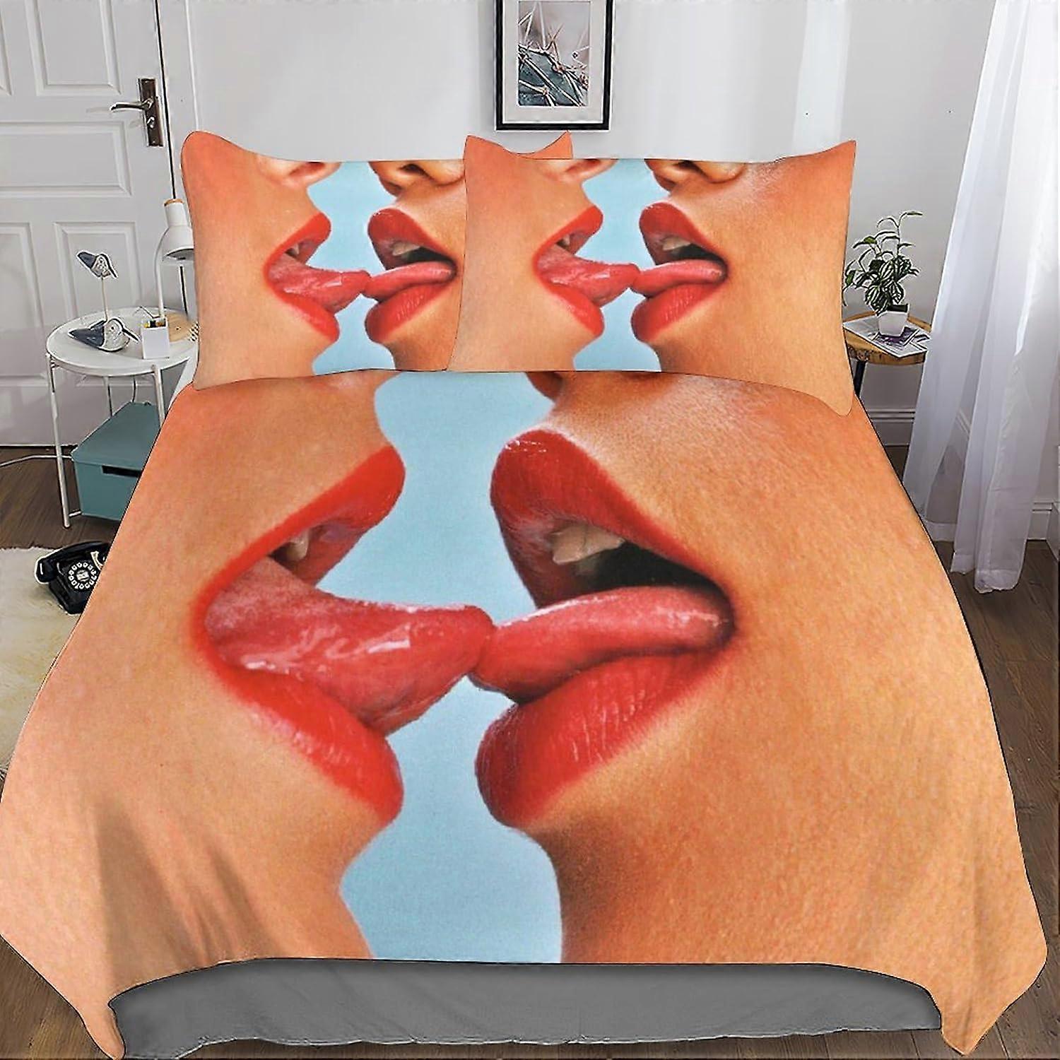 Kiss Bedding Set Lippen Dekbedovertrek 3D Geprint 3 Stuks, Microvezel Beddengoed Dekbedovertrek met Ritssluiting Kussenslopen Dubbel