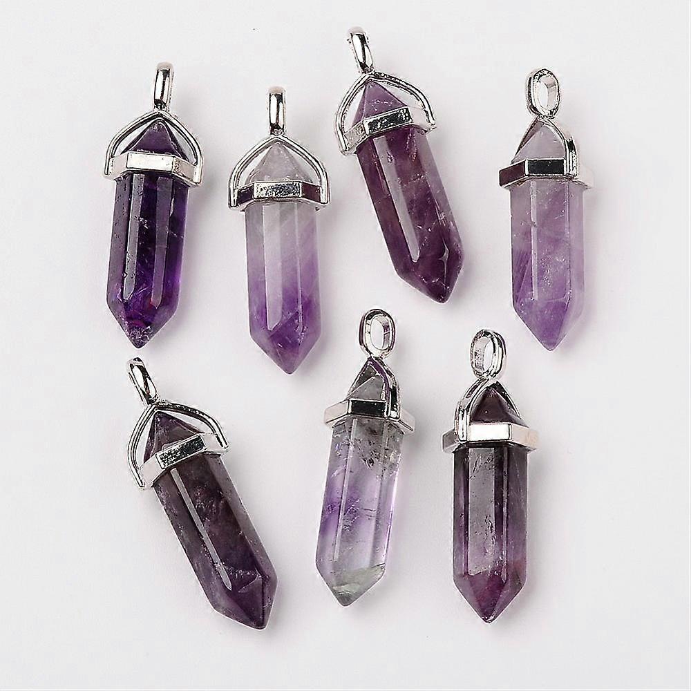 15pc Natural Amethyst Double Terminated Pointed Pendants with Random Brass Pendant Hexagon Bead Cap Bails Bullet Platinum 37~40x12mm Hole: 3mm