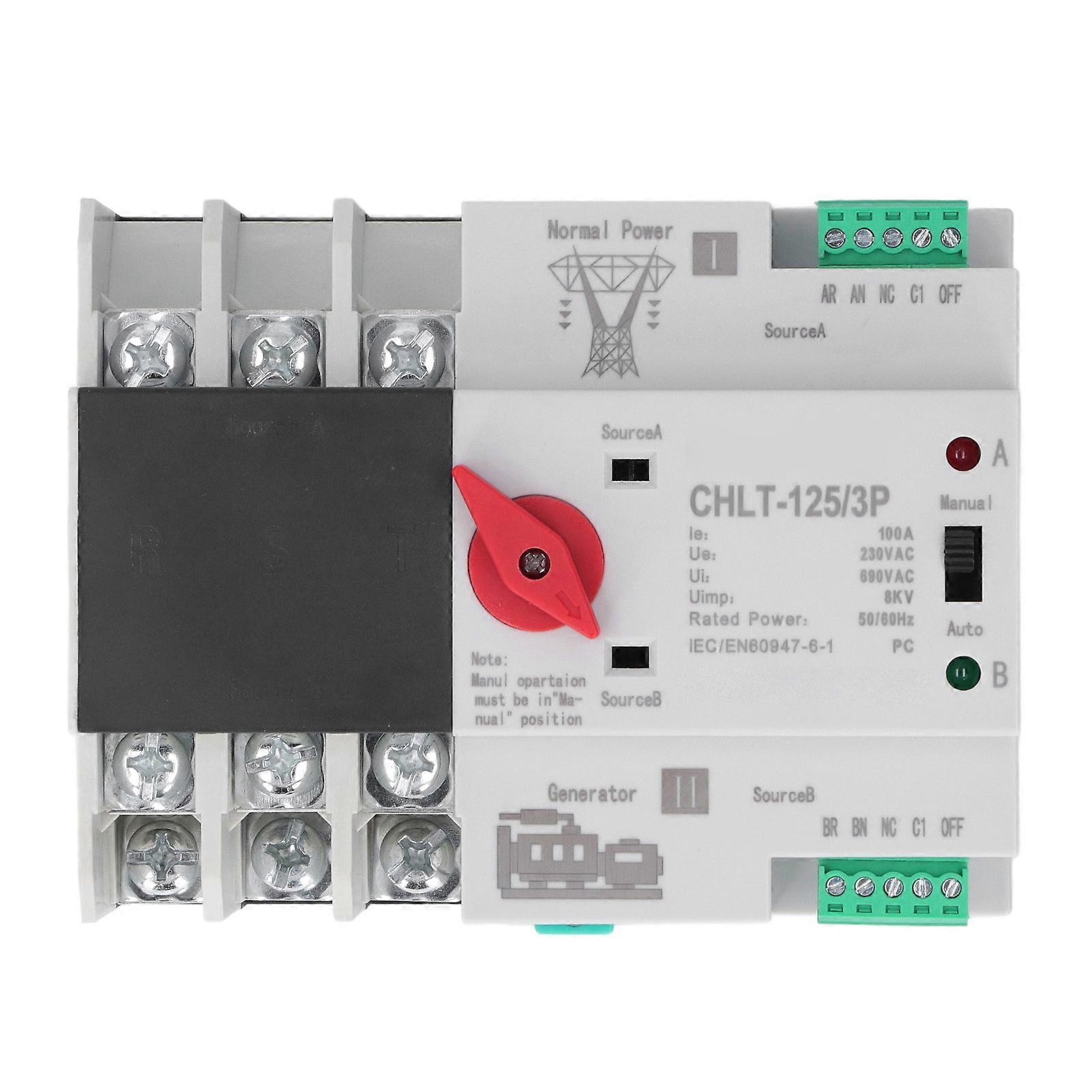 3P Dual Power Automatic Transfer Switch Uninterrupted Flame Retardant Electrical Selector Switch AC to AC 230V 100A NO.2404