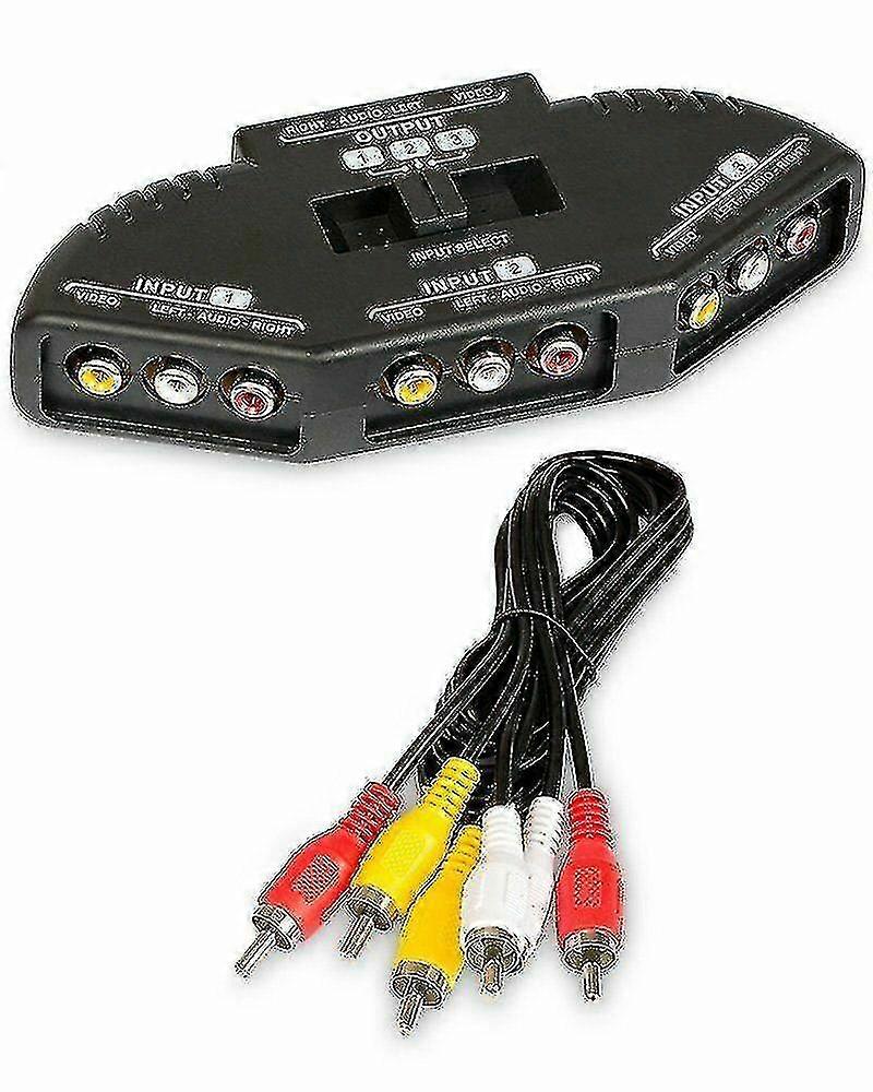 Black 3 Port Av Composite Rca Selector Box Switch Splitter W/ Cable Cord Plug