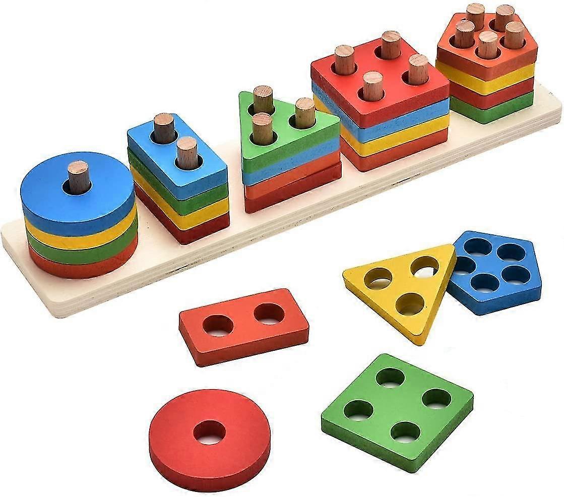 Wooden Jigsaw Puzzles Kids Toddler Geometric Stacking Game Colors And Shapes Gift