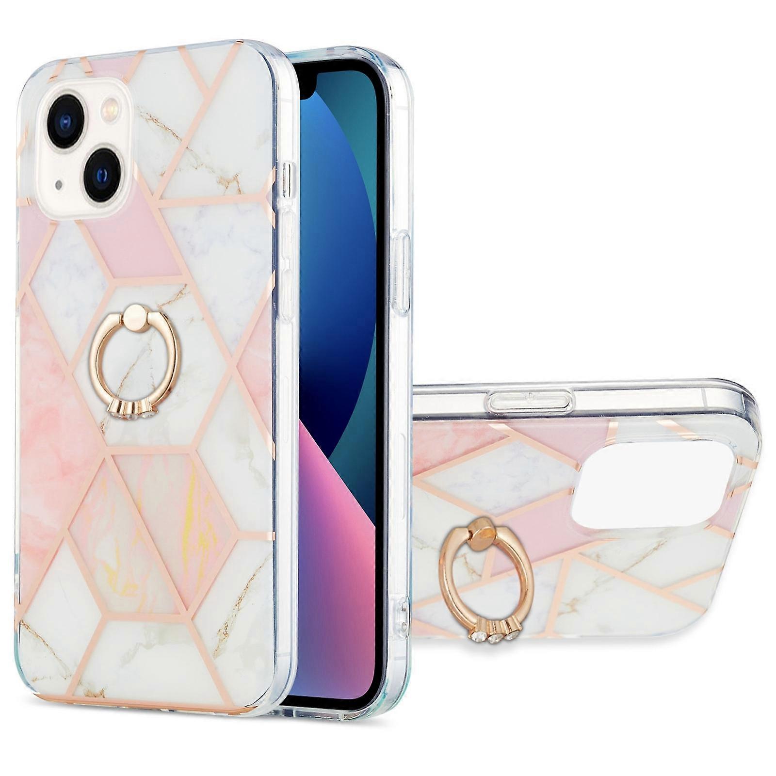 Electroplating Splicing Marble Pattern Dual-side IMD TPU Shockproof Case with Ring Holder For iPhone 14