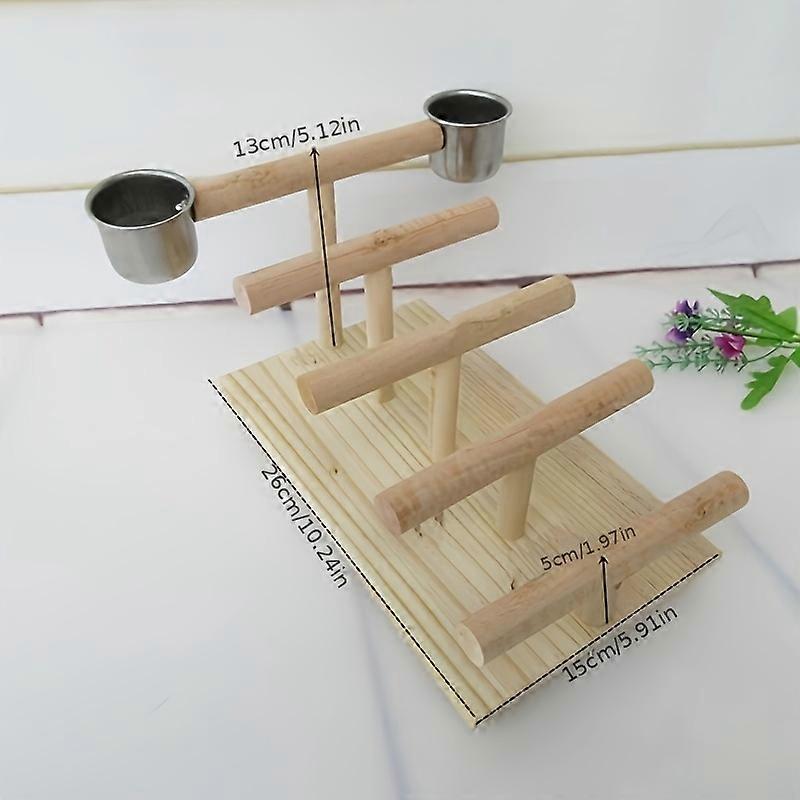 Crude Wood Bird Perch Stand with Colorful Ladder and Stainless Steel Feeding Cups - Parrot Training Toy and Play Gym for Small to Medium Birds