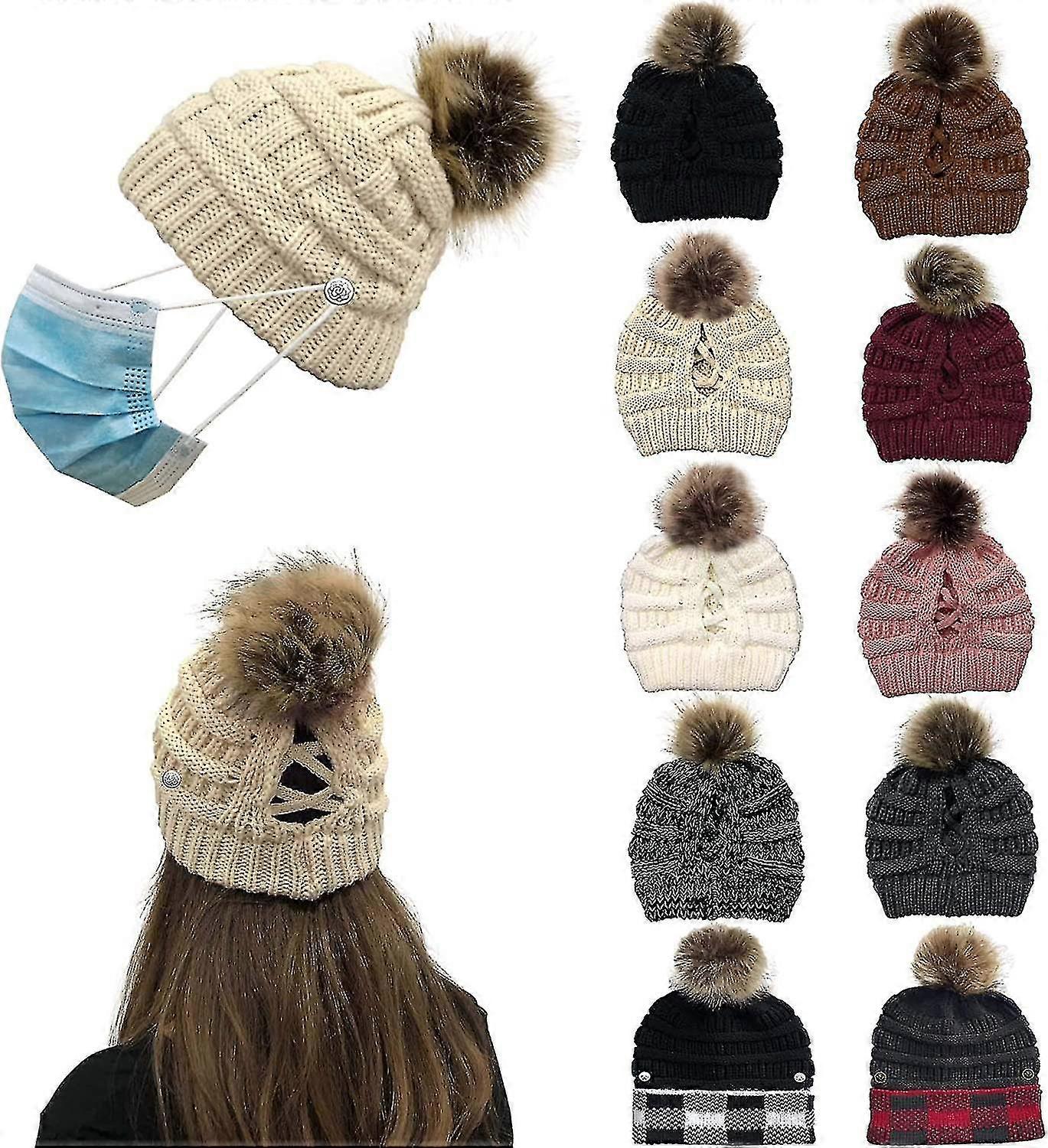 Women Valentines Day Hat Warm Knitted Wool Thick Cap With Ponytail Hole Button Beanie Blends For Masks Holder