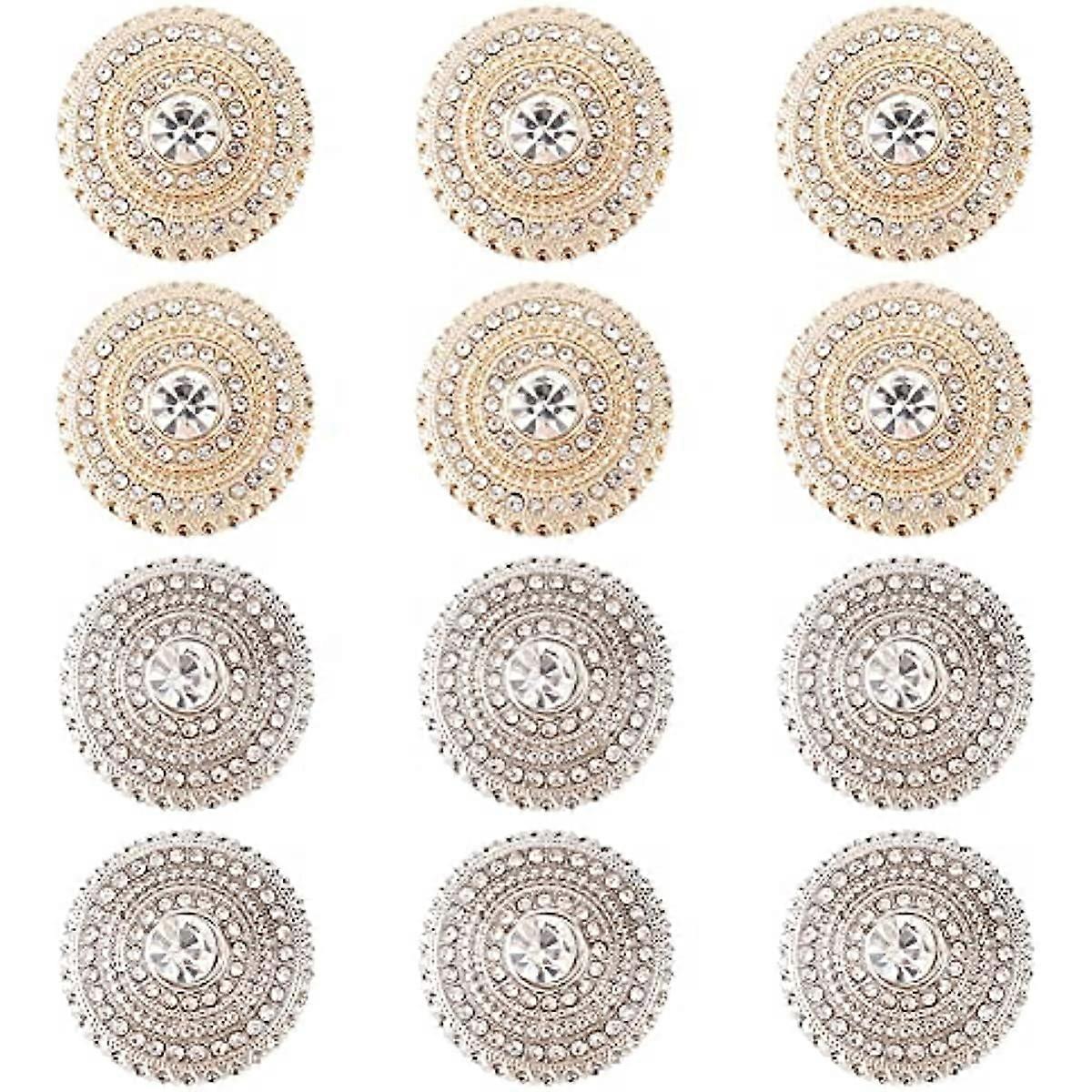 12PCS 2 Style Rhinestone Metal Button 0.8 inch Flat Round Alloy Buttons Sew on Clothing Buttons Silver Gold Flatback Crystal Button Embellishments wit