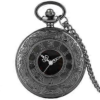 Black Roman Numerals Quartz Pocket Watch Men Women Black Hollow Case Steampunk Vintage Pendant Necklace Best Gifts for Men Women