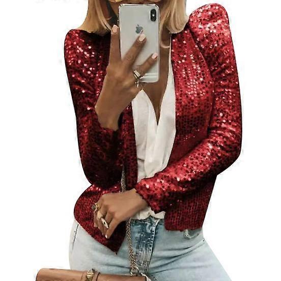 Womens Shiny Sequin Long Sleeve Glitter Cropped Blazer