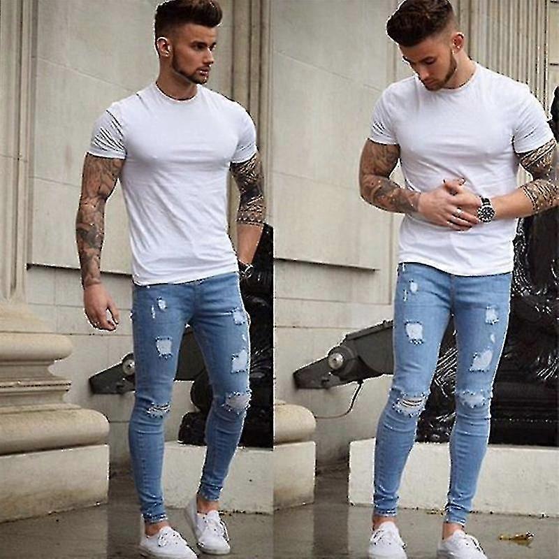 גברים קרועים מכנסי ג'ינס סופר מתיחה סקיני הרס מכנסי ג'ינס בגזרה רזה תחתוני מכנסיים