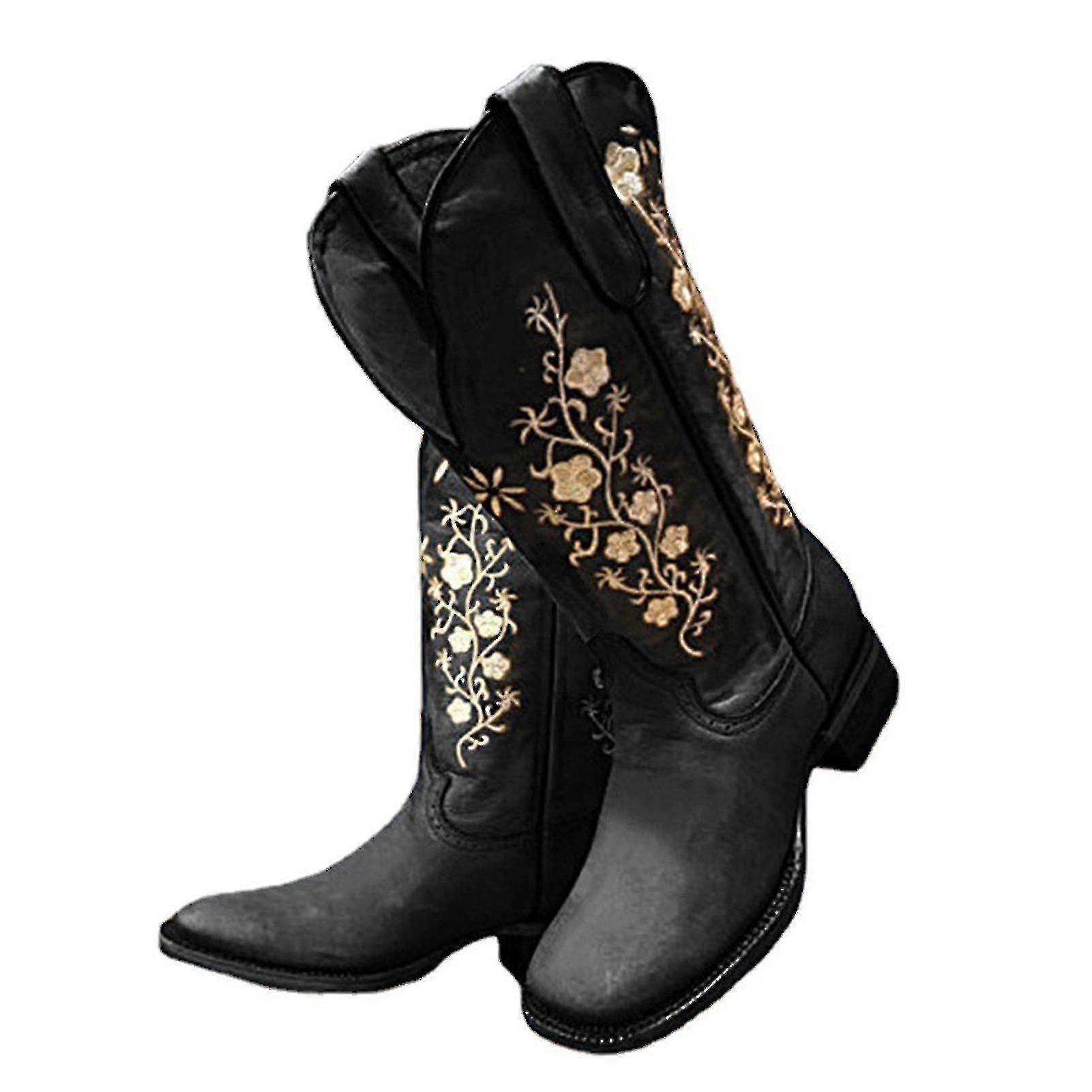 Lausiuoe Women’s Knee-High Cowboy Boots – Wide Calf, Pointed Toe, Embroidered Western Style, Chunky Heel