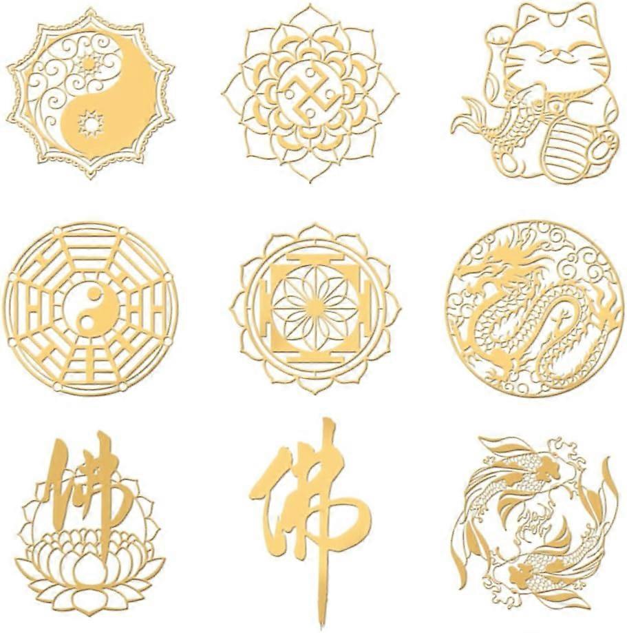 9pcs 1.6x1.6 Inch Oriental Theme Metal Stickers Buddha Pattern Self Adhesive Gold Stickers Yin Yang Koi Metal Gold Stickers for Scrapbooks DIY Resin C