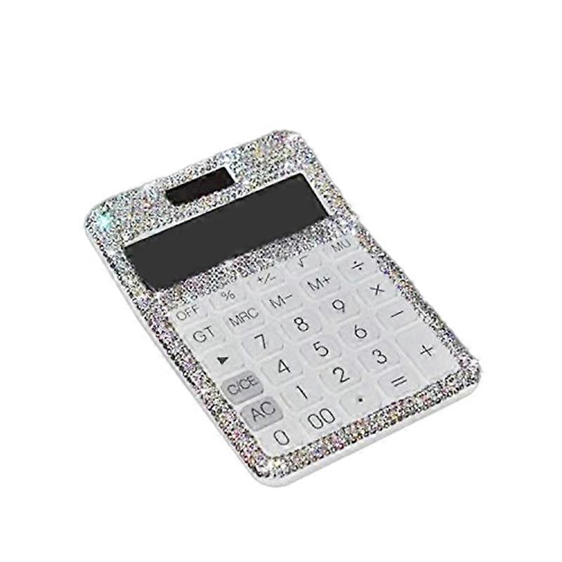 Rhinestone Crystal Dazzling 12 Digit Solar and Battery Dual Power ,LCD Display Calculator for Office, School White