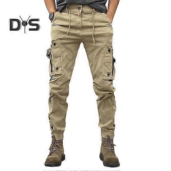 Spring Fall Men Cargo Pants Drawstring Waist Multi Pockets Ankle-banded Solid Color Sport Trousers Daily Wear Outdoor Training Exercise Trousers