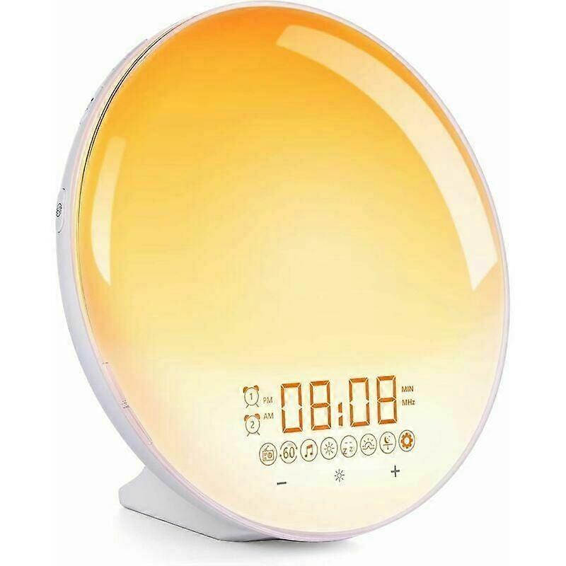 Lys vækkeur, morgenradio vækkeur med lyseffekter, 20 niveauer lysstyrkesensor berøringsfunktion, lysterapifunktion med alarm
