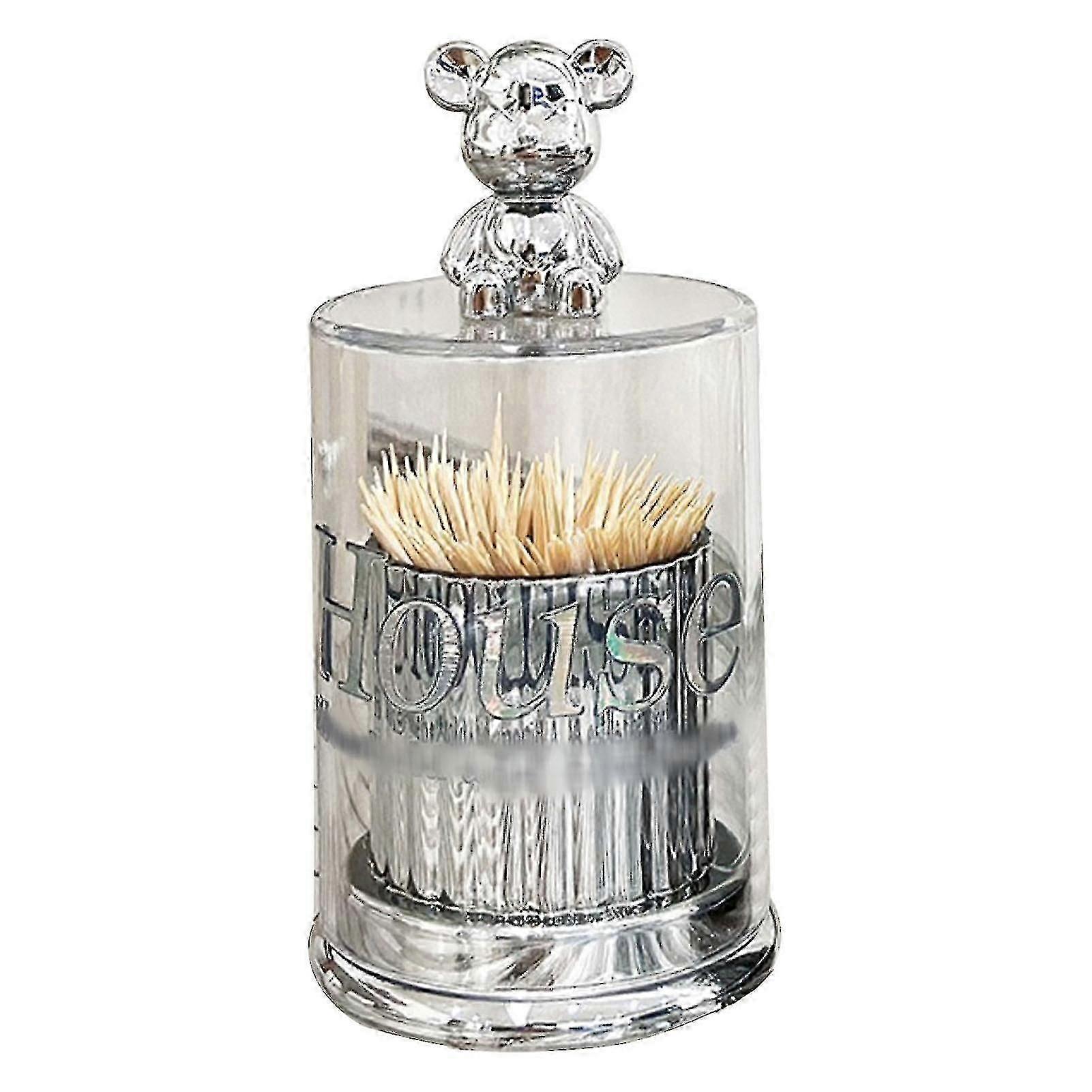 Bear Toothpick Holder Crystal Clear Cotton Swab Container Silver Storage Box