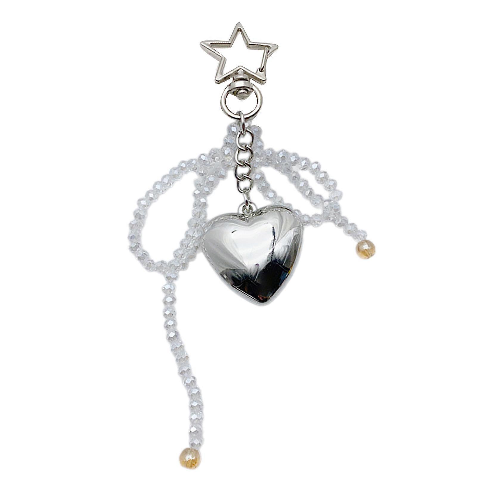 Stylish Mobile Phone Portable Chain Beautiful Heart Keychain Charm Elegant Bowknot Keyrings for Fashion Enthusiasts  White