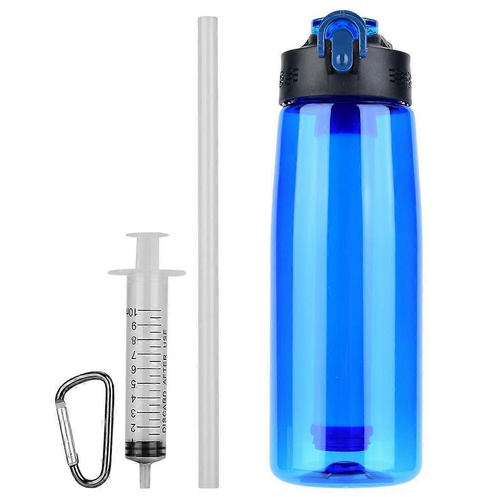 Water bottle with integrated filter straw for hiking (blue)