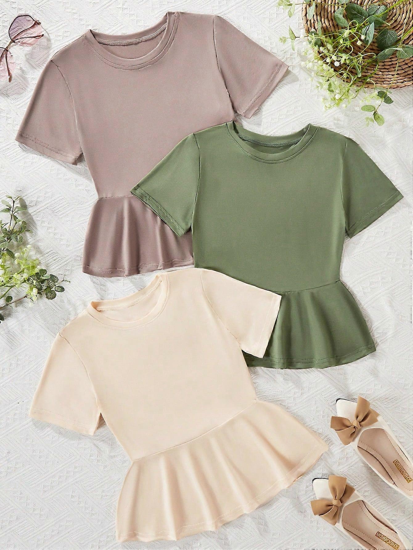 Tween Girls' 3pcs Solid Color Ruffle Hem T-shirts - Cute, Short Sleeve, Round Neck