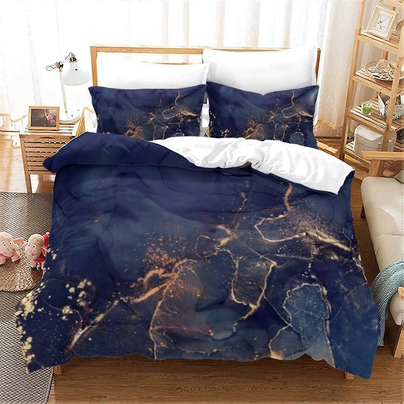 Navy Blue Marble Gold Curve Marbling Modern Abstract Art Bedding Set for Kids Queen Size