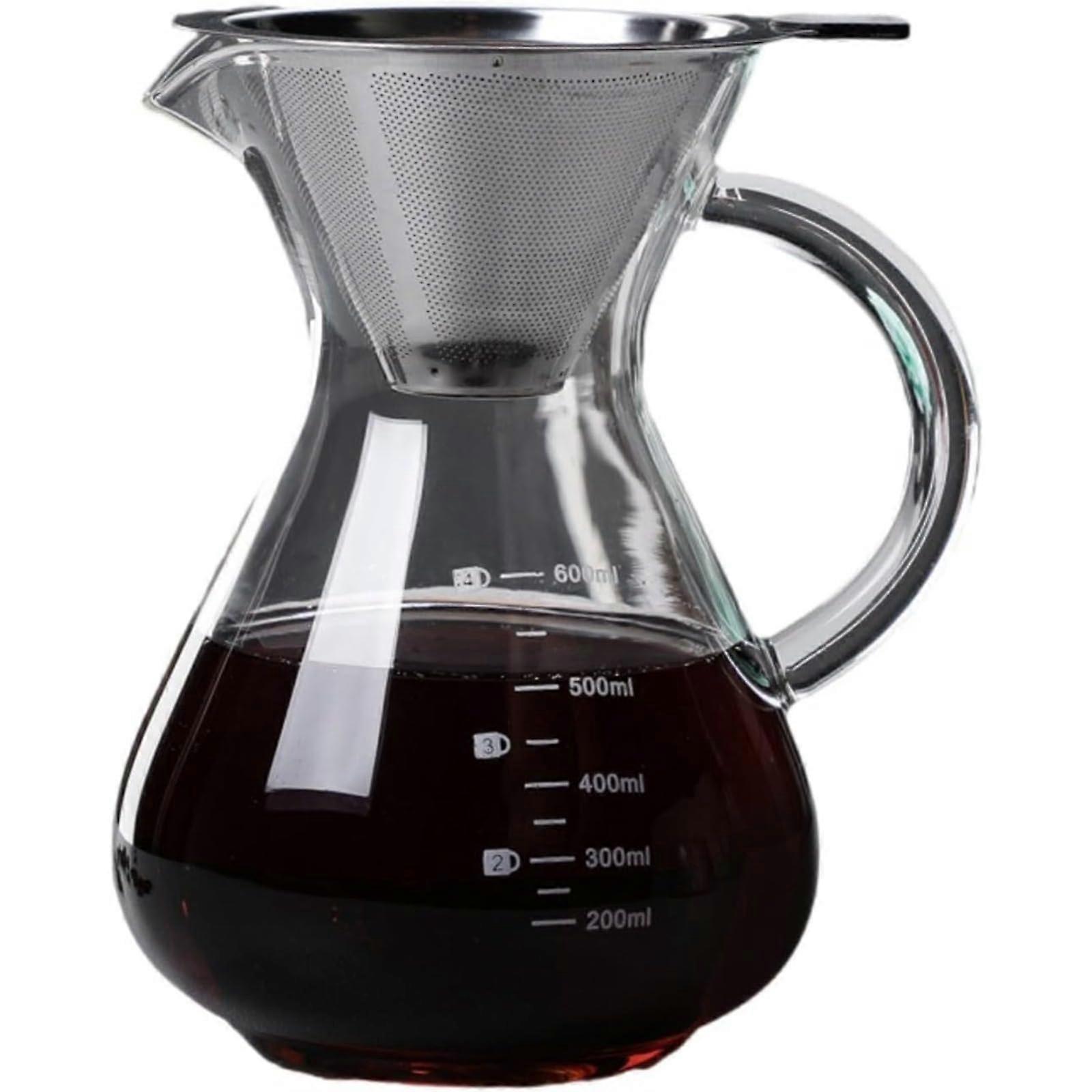 Pour Over Coffee Maker with 600ml BPA-Free Glass Carafe, Reusable Double-Layer Stainless Steel Filter, Drip Coffee Brewer