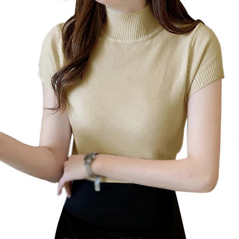 Summer Women Solid Half Turtleneck Slim Short Sleeve Knitted T-Shirt
