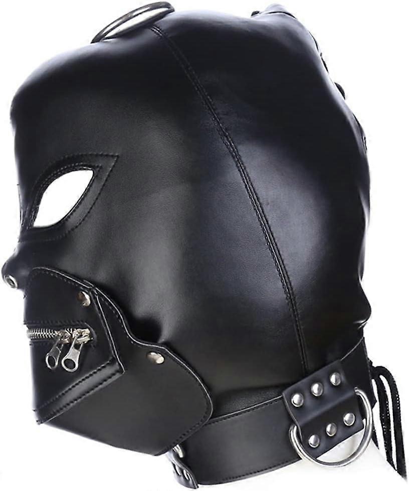 Lace-Up Head Masks Hollow-Eye Leather Cosplay Headgear Removable Zipper