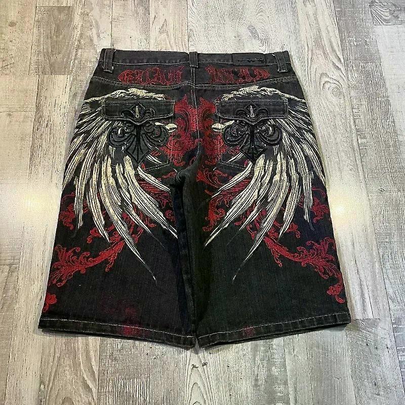 SSummer Yeni Moda Büyük Boy Baskılı İşlemeli Bol Denim Şort Erkekler Y2K Sokak Harajuku Retro Yüksek Bel Rahat Şort