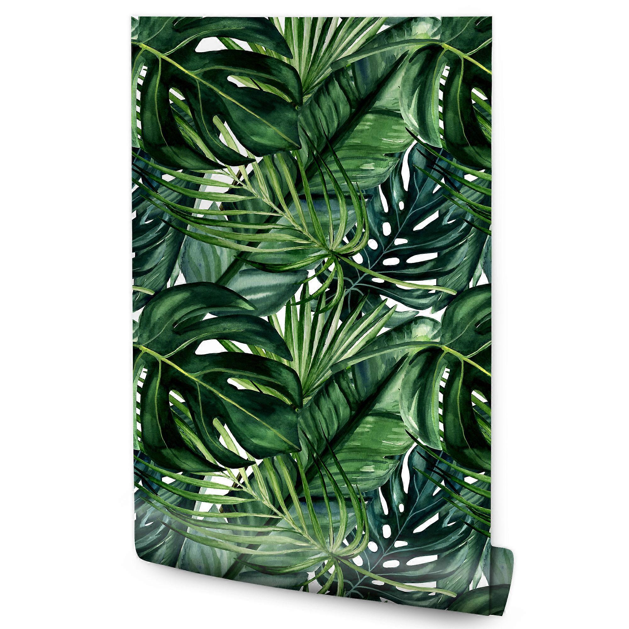 Bakgrunn til stuen, eksotiske blader, planter, monstera, palmer, banantre