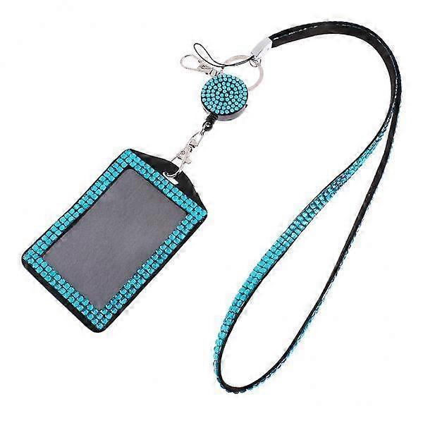 2x Rhinestone Lanyard with Retractable Reel Vertical ID Badge Card Holder Blue