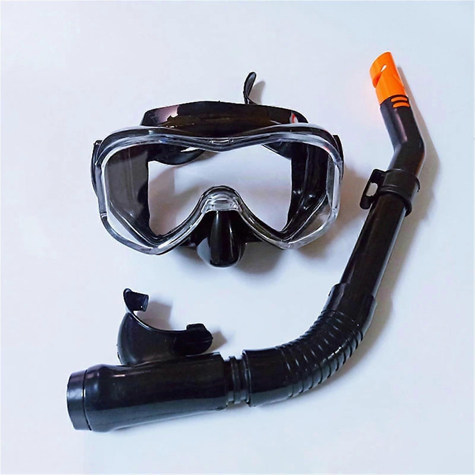 Full Face Mask Snorkeling Set DryDiving Gear With TemperedGlass Lenses Black