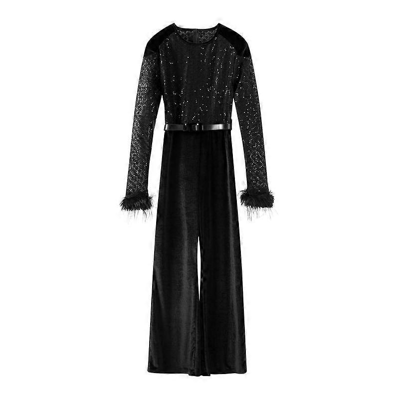 Women Patchwork Velvet Feather Decor Jumpsuits Shoulder Pads Long Sleeve Belt Jumpsuit Slim High Waist Wide Leg Romper