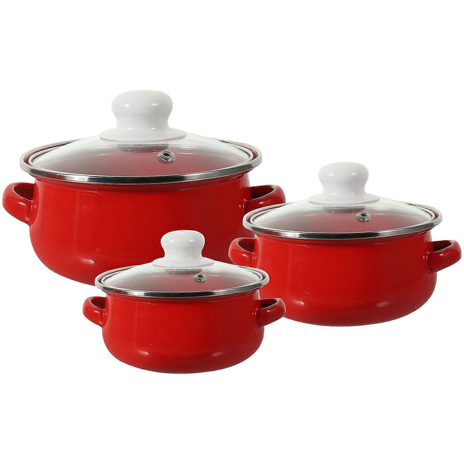 3pcs Enamel Soup Pot with Binaural Handles for Induction & Electric Stoves, Flat Bottom Design for Noodles, Soup & Sauces, Comfortable Grip