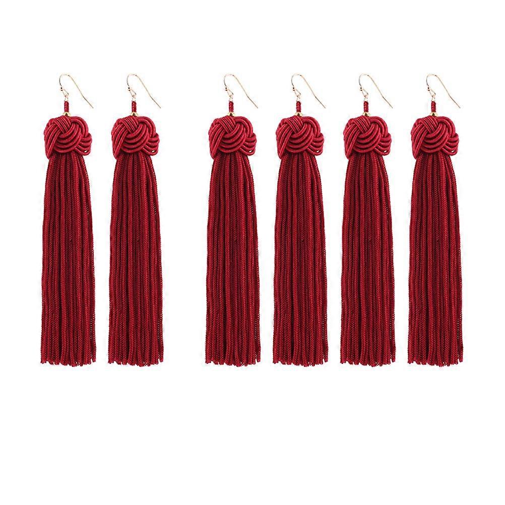 Ethnic Earrings Boho Dangle Earrings Red 12X2cm Silk Material 3 Pair