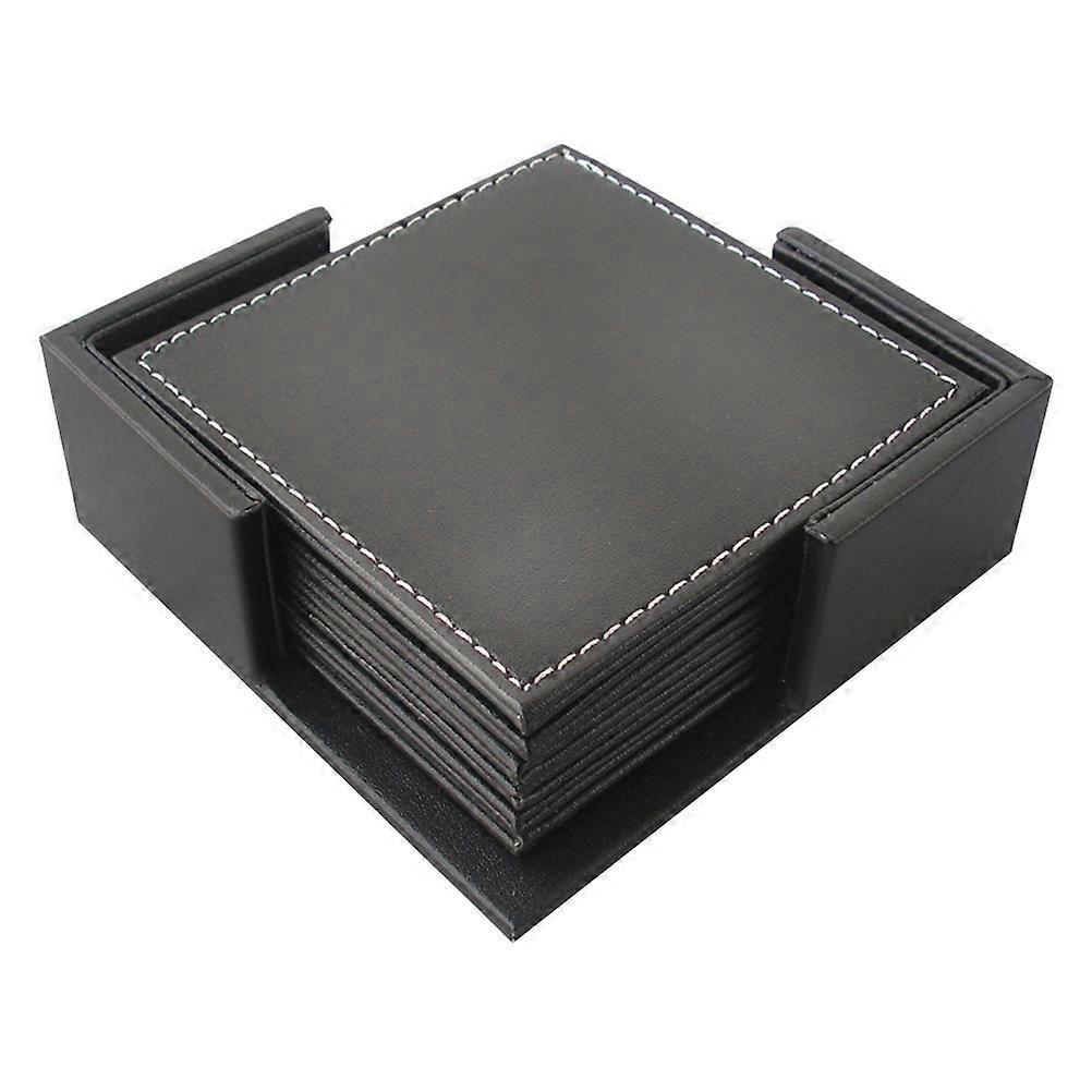 Pu Placemats Leather Pu Coasters Elegant Heat Insulation Dinner Mat Tableware Pad For Home Use Black Square 1Set