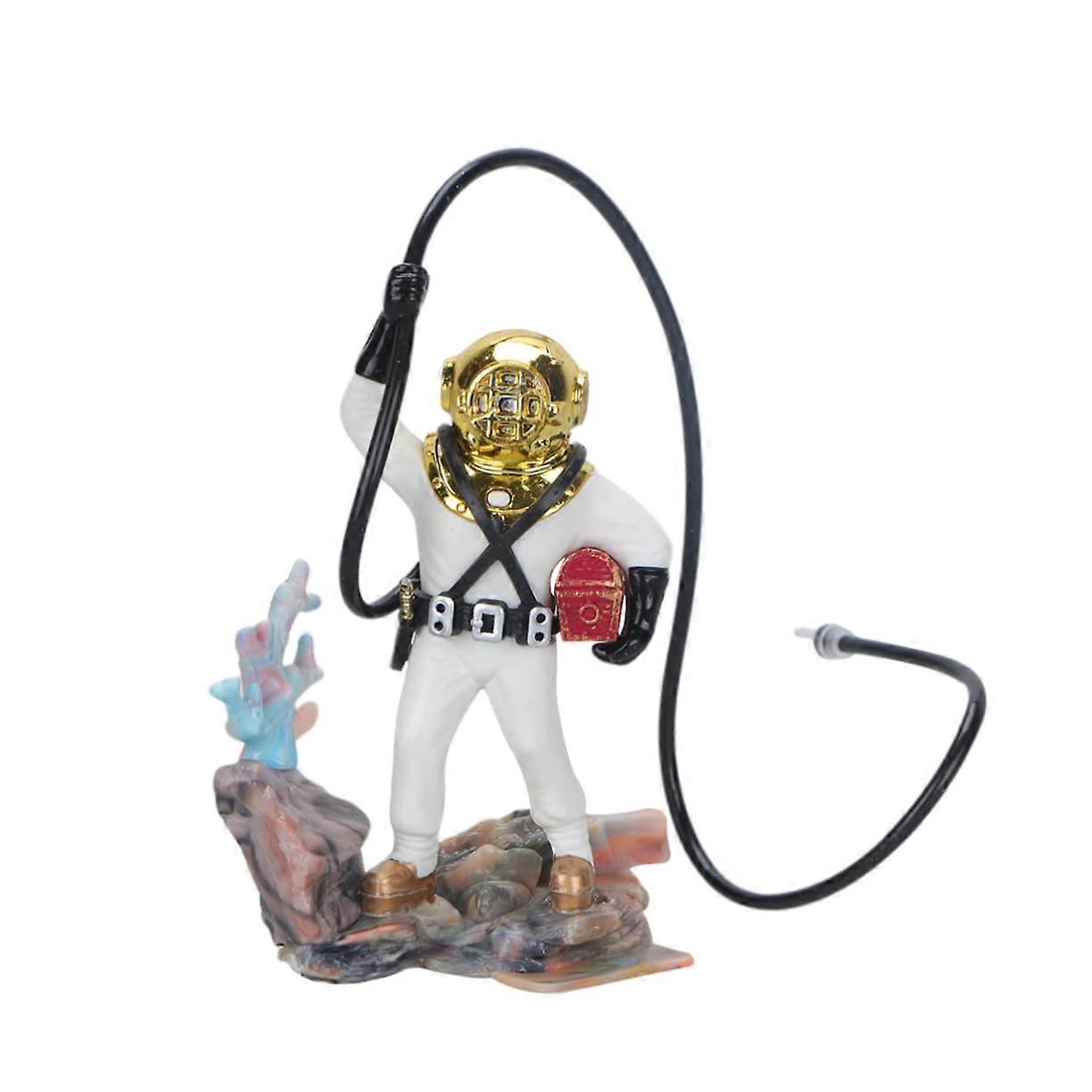White aquarium decoration with diving motif and bubble effect. Size: 7.5cm x 9cm.
