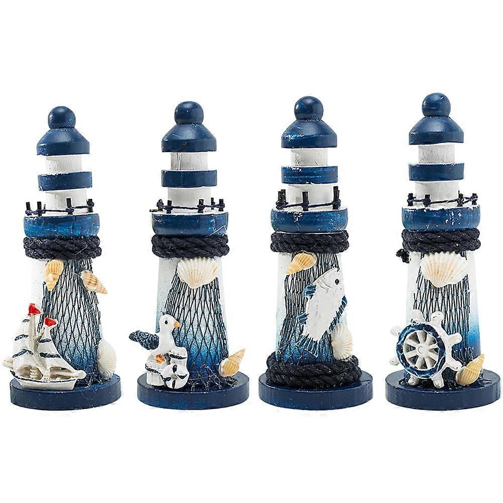 4Pcs Mediterranean Style Wooden Lighthouse Ornaments Unique Ocean Lighthouse Statues Home Furnishing Decoration (Styling Sailboat Seabird Fish Rudder