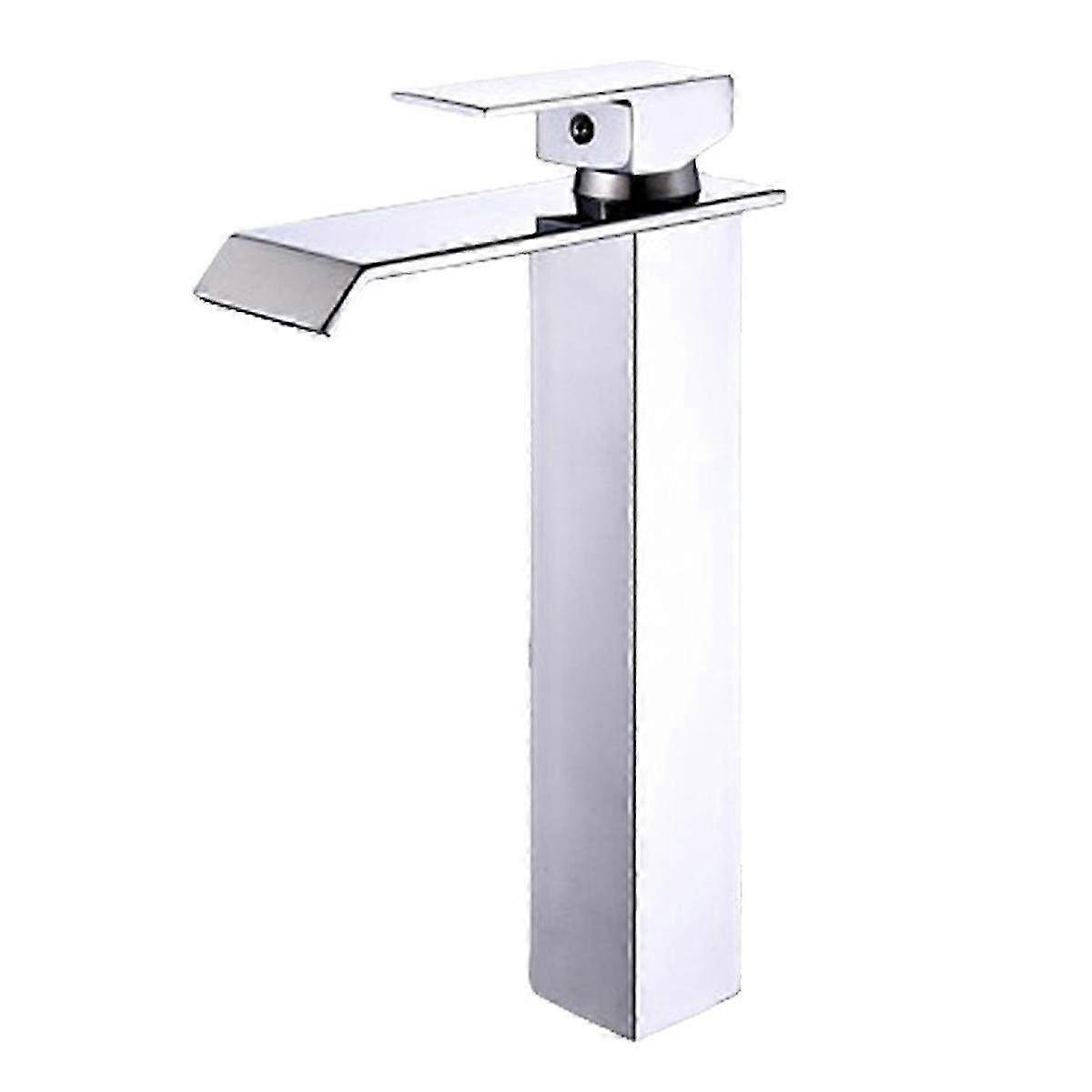Brushed SUS304 Stainless Steel High Waterfall Basin Faucet - Single Handle Rectangular Mixer for Countertop Washbasins, Anti-Fingerprint Des