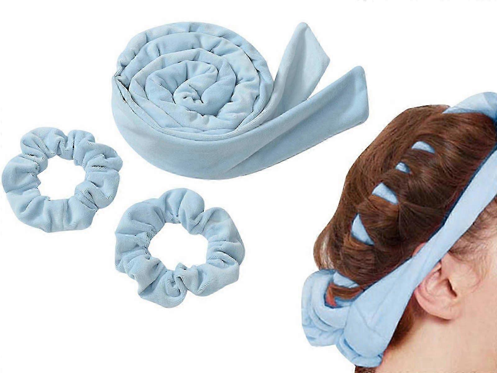 3Pcs Set Heatless Curling Rod Hair Curling Rollers Lazy Curler Headband Blue