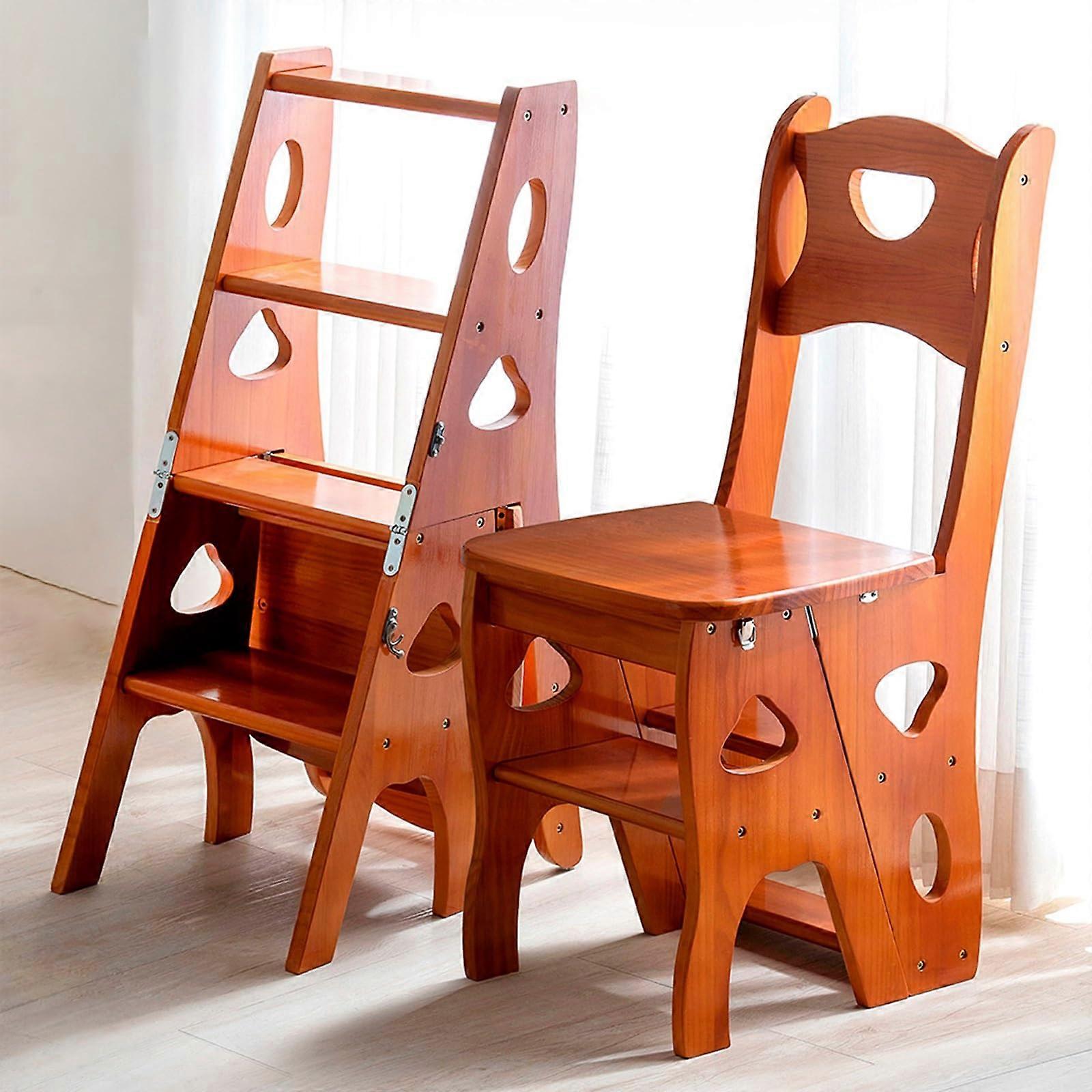Wood Step Stool, Foldable Library Ladder Chair with 4 Levels, 3-in-1 Display, Amber Color, Retro Design for Kitchen and Plant Stand