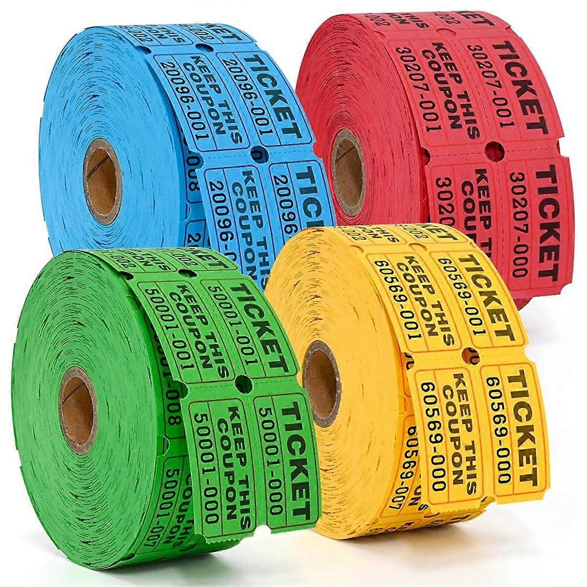 4000 Double Raffle Tickets-4 Assorted Colors (Blue,Yellow,Red,Green) 1000 Tickets Per Roll for Fund