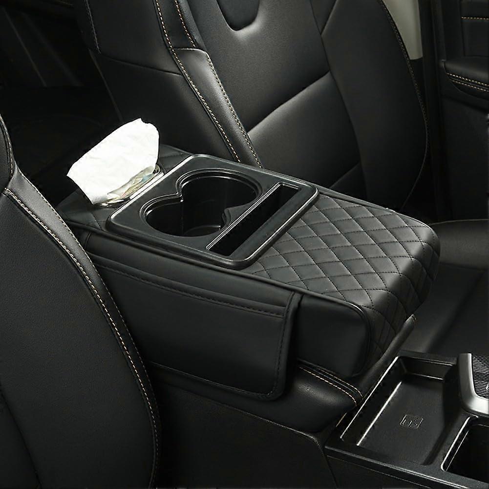 Car Armrest Cushion with Integrated Tissue Holder for Long Trips, Black, Compatible with Most Vehicle Consoles
