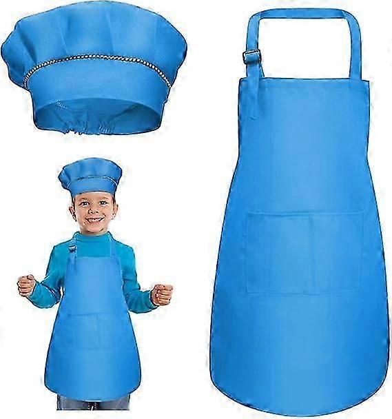 Blue - Apron + chef's hat set, adjustable children's apron with pockets for