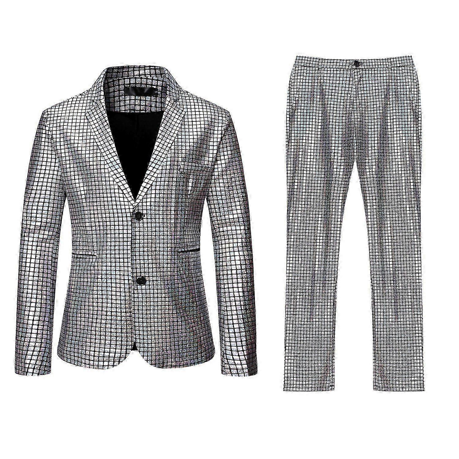 Mens Stage Prom Suits Shiny Rainbow Plaid Sequin Jacket Pants Men D...
