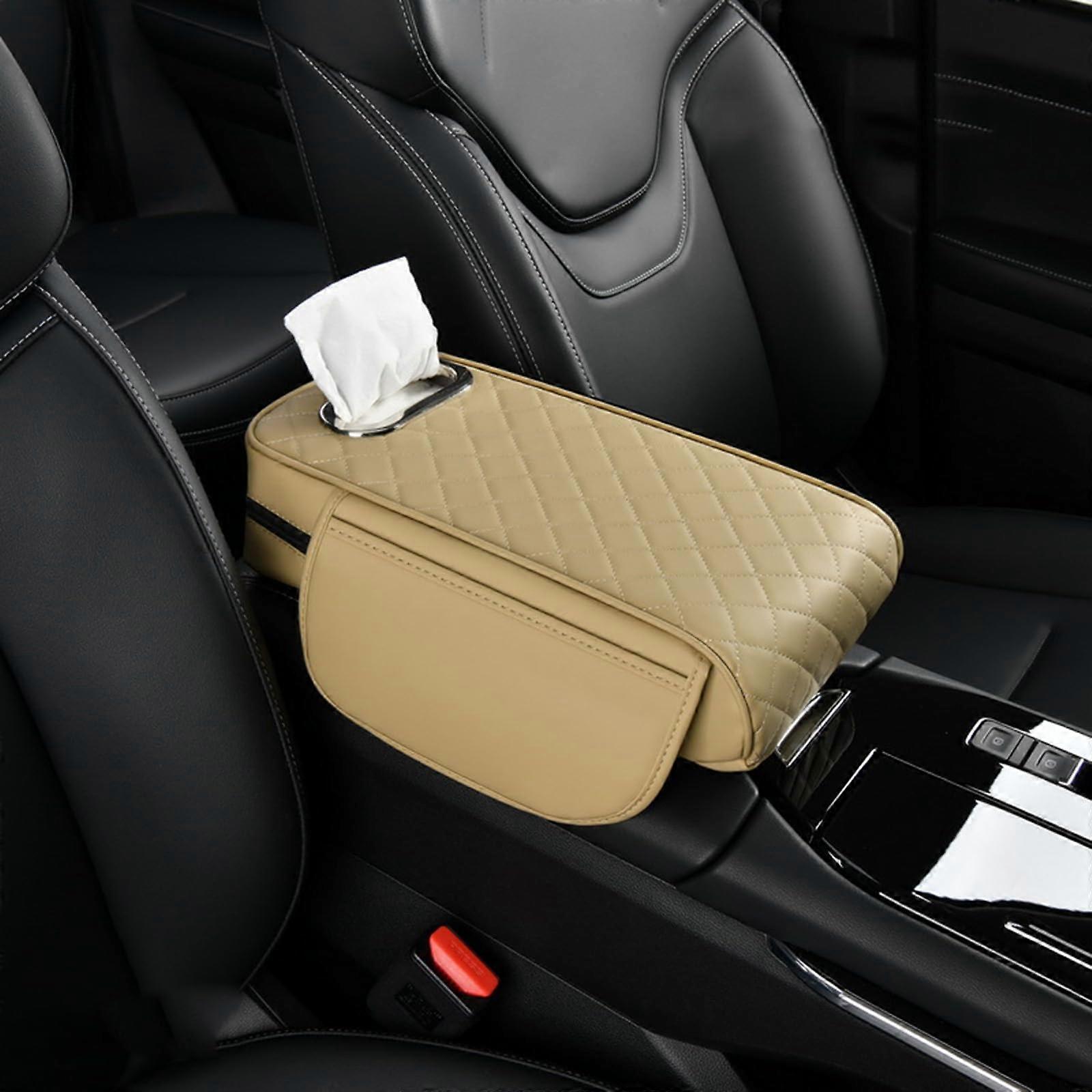 Car Armrest Pad for Renault ZOE E-Tech Mégane E-Tech Electric Scénic E-Tech, Beige Leather Cover with Side Storage Bag