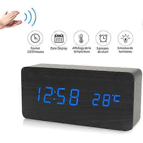 Electronic LED Digital Alarm Clock Wooden Display Time/Temperature/Date Desk Clock 3 Brightness Levels Voice Control USB Charging or Battery Powered,