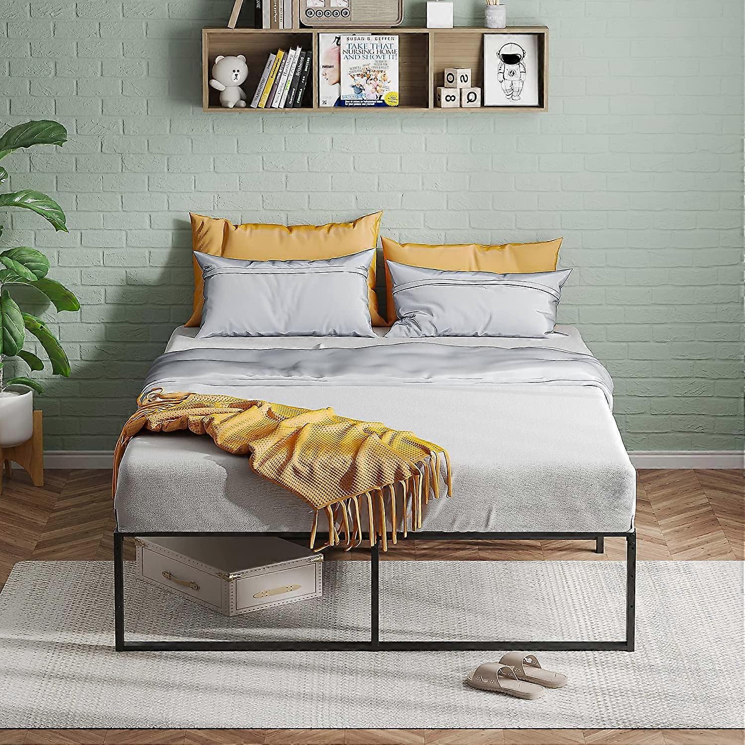 Full Size Metal Bed Frame Black Platform for Safe Sleep, Large Storage Space Under Bed