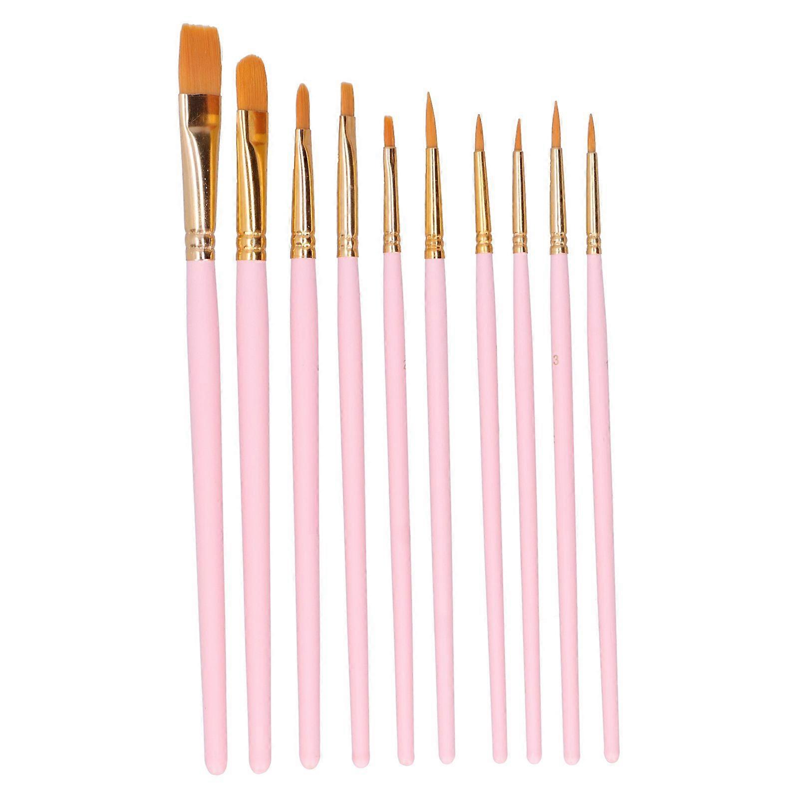 10Pcs Paintbrush Wood Pole Nylon Wool Gouache Watercolor Painting Tool Set for Beginner(101R-Matte Pink )